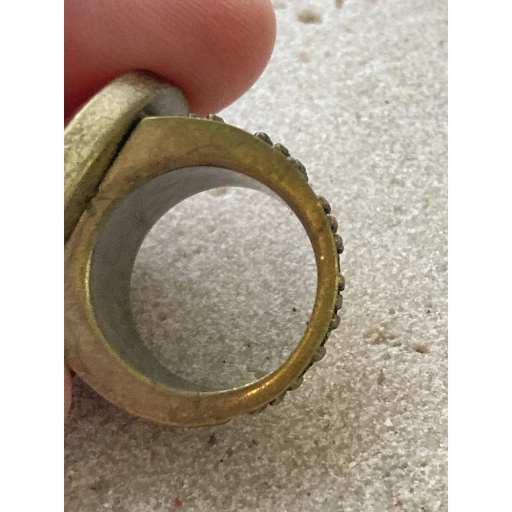 Antiqued Brass Tone Ring Large Red Faceted Cabochon Statement Chunky Renaissance